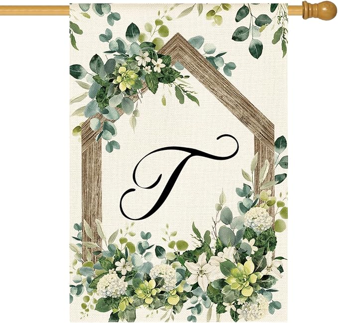AVOIN colorlife Initial Letter T Monogram House Flag 28x40 Inch Double Sided Outside, Spring Floral Family Last Name Yard Decoration