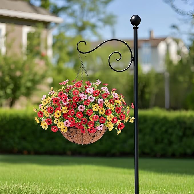 Ammyoo Artificial Faux Hanging Plants Flowers Basket for Spring Outdoor Decoration, Fake Silk Daisy UV Resistant Look Real with Eucalyptus Leaves Summer Outside Decor for Home Patio Garden
