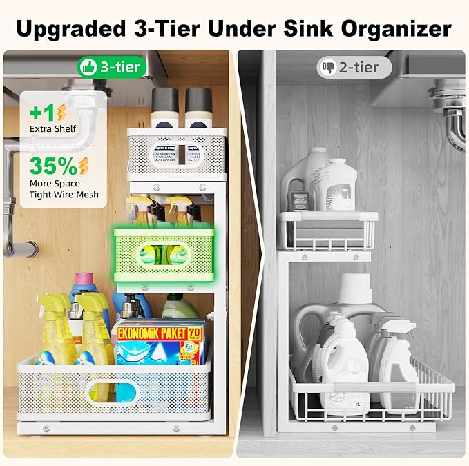 3 Tier White Under Sink Organizer,Kitchen Cabinet Storage Organizer(2 pack)