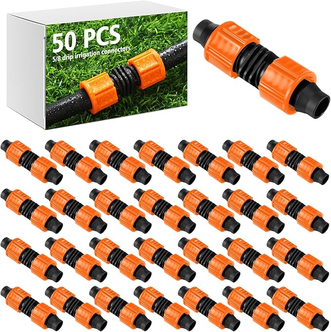 Tujoe 50 Pcs Drip Irrigation Fittings, 5/8 Inch Universal Barbed Locking Connectors for 16-17mm Drip Tape Tubing and Sprinkler System, Durable Line Coupling Irrigation Tools