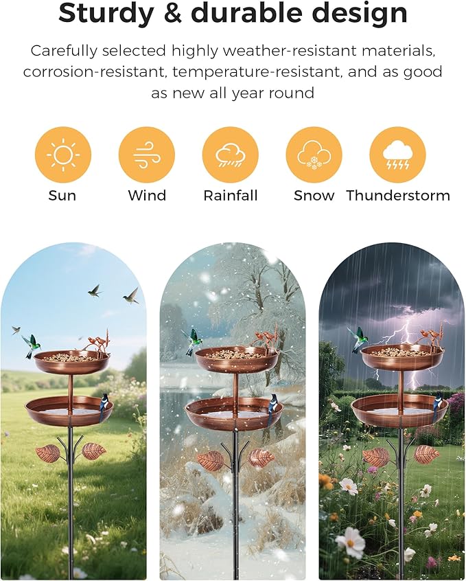 Metal Bird Bath for Outside, 46In Tall Birdbath Feeder Bowl with Stake for Outdoors, Detachable Double Bird Bath Feeder Bowls for Garden Patio Yard Lawn Decor, Upgraded 6-Pronged Base