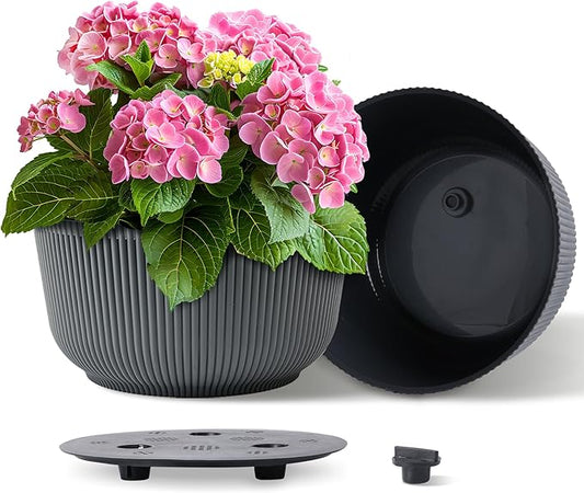 T4U 12 Inch Self Watering Pots for Indoor Plants, 2 Pack Large Plant Pots, Self Watering Planter for Indoor Plants, Durable Plastic Pots (2 Pack,12", Gray)