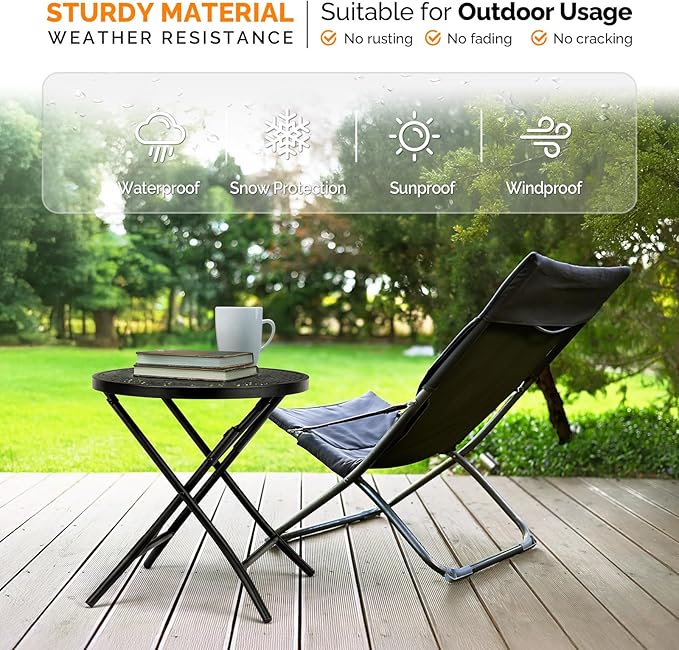 VINGLI Outdoor Folding Side Table with Chic Hollow Pattern and Durable, Rust-Resistant Coated Iron Patio Bistro Table Suitable for Indoor & Outdoor Porch, Deck, Balcony and Pool,Black