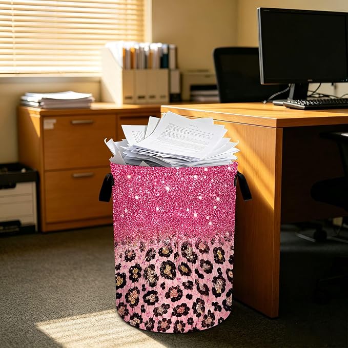 Leopard Laundry Basket Collapsible Oxford Laundry Hamper Clothes Storage Bin with Handles for Bedroom Bathroom Laundry Room 19.6 x 15.7 Inches