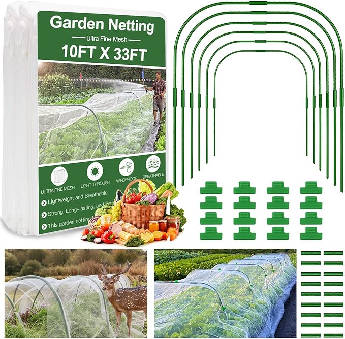 Garden Mesh Netting Kit, 10 * 33ft Ultra Fine Netting with 6pcs Garden Hoops for Raised Beds, Plants Cover Net for Vegetable Fruit, Animals Barrier Protection Greenhouse Row Cover