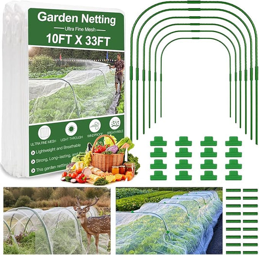 Garden Mesh Netting Kit, 10 * 33ft Ultra Fine Netting with 6pcs Garden Hoops for Raised Beds, Plants Cover Net for Vegetable Fruit, Animals Barrier Protection Greenhouse Row Cover