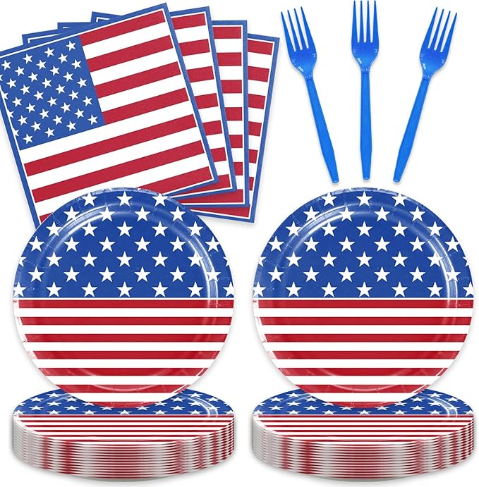 4th of July Decorations American Flag Tableware Set for 16 Guests - 48 Pcs Fourth of July Independence Day Veterans Day Party Supplies Plates, Napkins, Forks - Memorial Day Patriotic Decorations