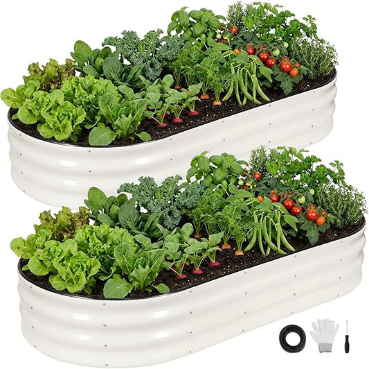 INNO STAGE 2Pcs Galvanized Raised Garden Bed, 6x3x1FT Oval Metal Raised Garden Beds for Vegetables, Rust-Resistant & Easy Assembly, Outdoor Planter Box for Gardening, Flowers, Herbs (White)