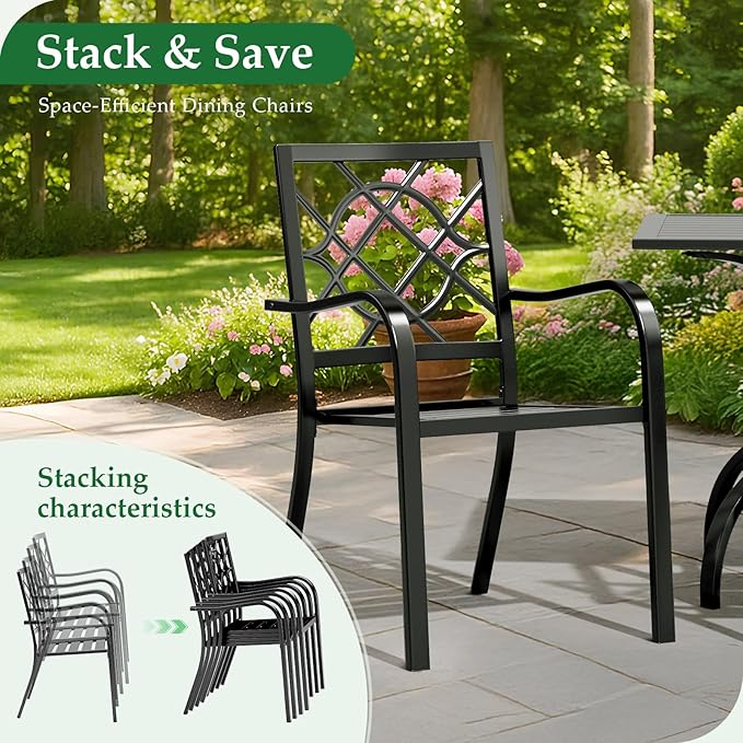 Crownland Patio Wrought Iron Dining Chairs Set of 2, Outdoor Bistro Stackable Metal Chairs with Armrests for Garden, Poolside, Backyard (Black)