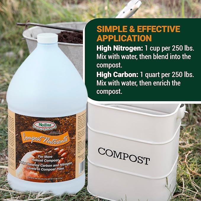 Medina Compost Nutrients - Compost Activator & Accelerator for Soil Improvement with Composting Cultures; Balances Elements, Maintains pH – Ideal for Garden Compost. 1 Quart Treats up to 250 lbs.