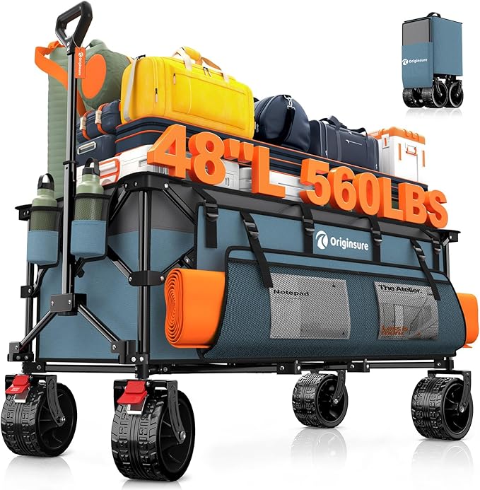 48" L Collapsible Wagon Cart Foldable, 560lbs Weight Capacity 300L Heavy Duty Folding Beach Wagons with Big All-Terrain Wheels, Utility Carts for Groceries, Shopping, Camping, Sports - Grey&Blue