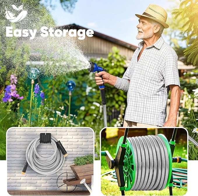 Garden Hose 75 ft, Stainless Steel Metal Hose, Flexible Water Hose with 10 Function Nozzle, Kink Free, Leak-Proof, Heavy Duty Hose for Yard, Outdoor, Lawn, RV, Car Wash and Camper Use