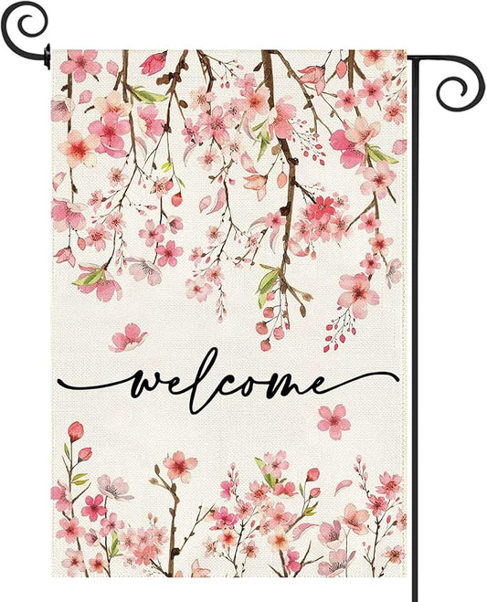Baccessor Spring Summer Welcome Garden Flag 12.5 x 18 Inch Double Sided Burlap Pink Floral Cherry Blossom Farmhouse Small Yard Flag Summer Holiday Seasonal Outdoor Outside Decoration