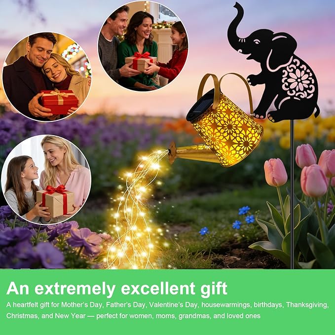 VOOKRY Solar Watering Can Lights Outdoor with Elephant Silhouette Stake, Garden Gifts for Mom, Women & Garden Lovers Waterproof Metal Garden Lantern, Decorative Yard Patio Lawn Pathway Decor(1 Pack)