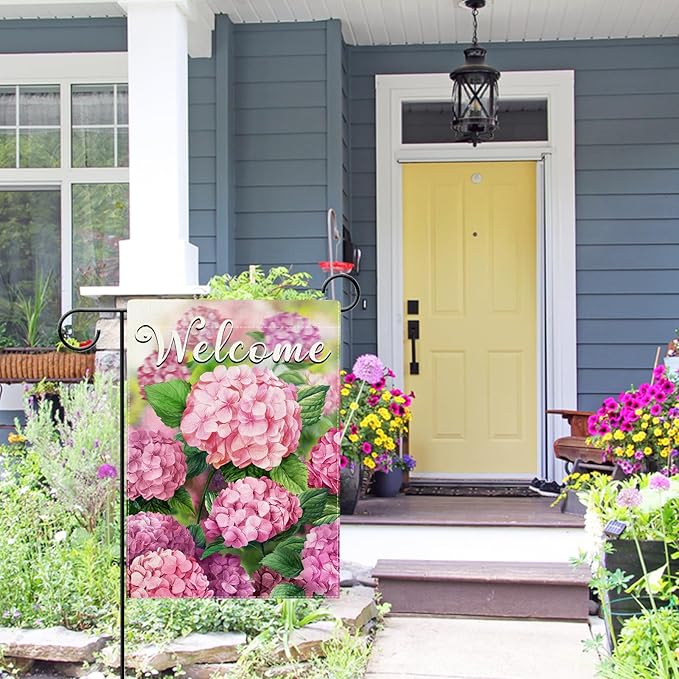 Hzppyz Welcome Spring Summer Hydrangea Garden Flag Double Sided, Pink Floral Flower Decorative Yard Outdoor Home Small Decor, Seasonal Burlap Outside House Decoration 12 x 18