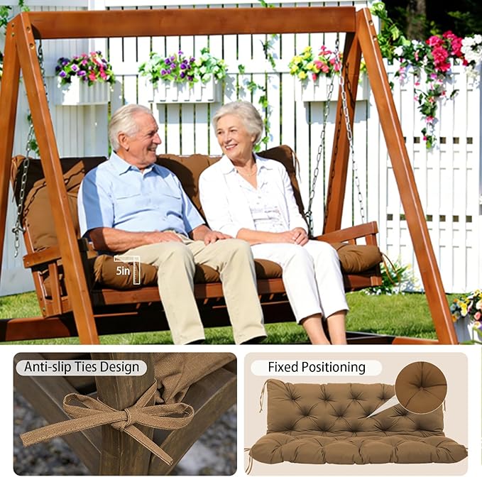 5" Thick Porch Outdoor Swing Cushions Waterproof Fade-Resistant 60x40 Inch 3 Seater with 8 Anti-Slip Ties Durable Replacement Cushion for Patio Long Bench Garden Furniture
