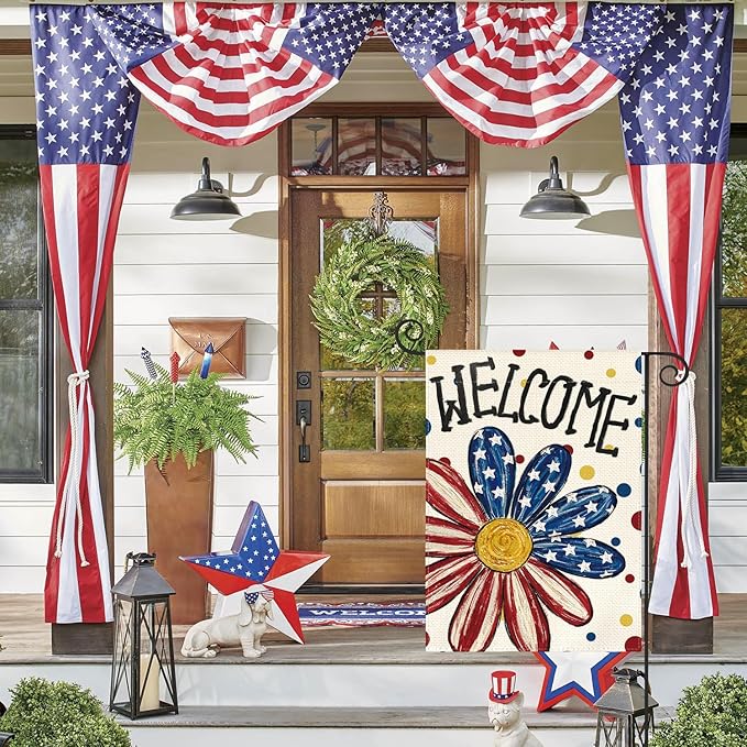 AVOIN colorlife 4th of July Patriotic Garden Flag 12x18 Inch Double Sided Outside, Memorial Day Welcome Floral Daisy Yard Outdoor Decoration