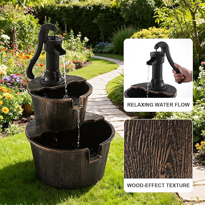 3-Tier Freestanding Rustic Barrel Waterfall Fountain,40-Inch Wood Outdoor Water Fountain with Pump for Garden,Patio, Backyard and Porch