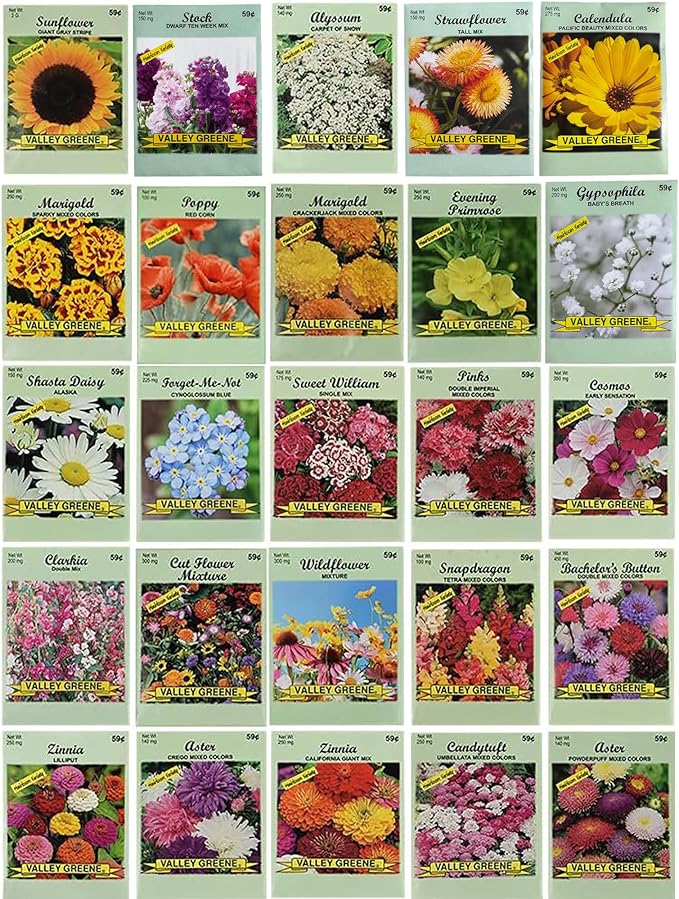 25 Slightly Assorted Flower Seed Packets - Includes 10+ Varieties - May Include: Forget Me Nots, Pinks, Marigolds, Zinnia, Wildflower, Poppy, Snapdragon and More - Made in the USA