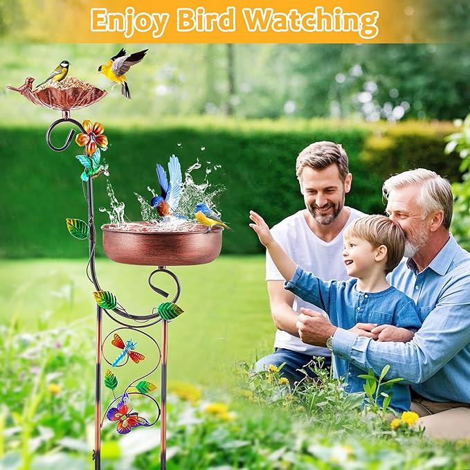 2 In 1 Bird Bath for Outside, Free Standing Large Metal Bird Baths Bowls & Bird Feeder Combo for Outdoors Garden Yard Lawn Decor, Vintage Wild Birdbaths Stand for Hummingbird, Copper