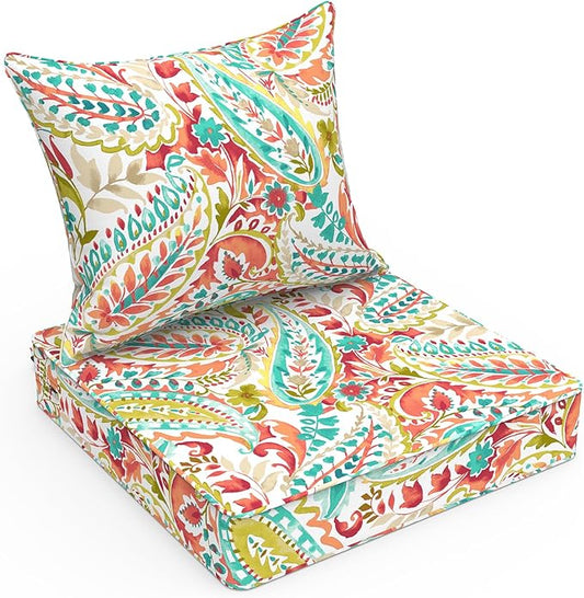 LVTXIII Outdoor Deep Seat Cushion Patio Seat and Back Cushion Set Seasonal Chair Cushion with Removable Cover and Adjustable Buckle for Home and Garden, 22"x22"x4", Pretty Paisley