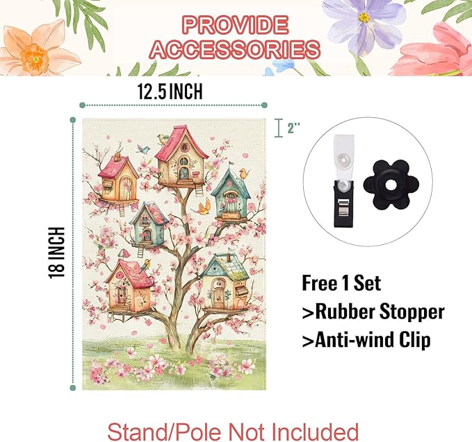 Baccessor Spring Birds Garden Flag Double Sided 12.5 x 18 Inch Burlap with Clip and Stopper,Pink Floral Flower Tree Flag Seasonal Farmhouse Front Yard Lawn Outside Outdoor Decoration