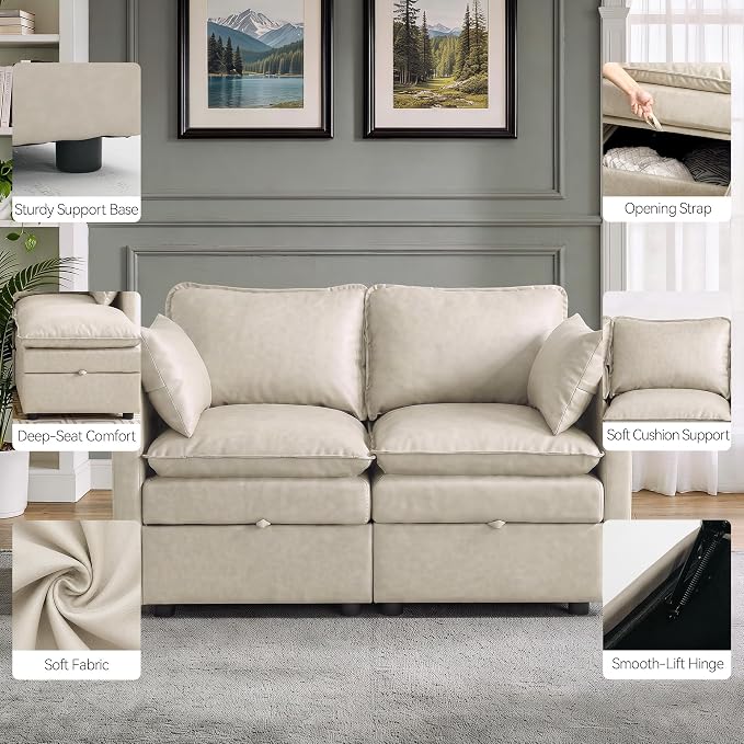 50" Storage Loveseat Modular Sofa Faux Leather 2-Seat for Apartment,Beige