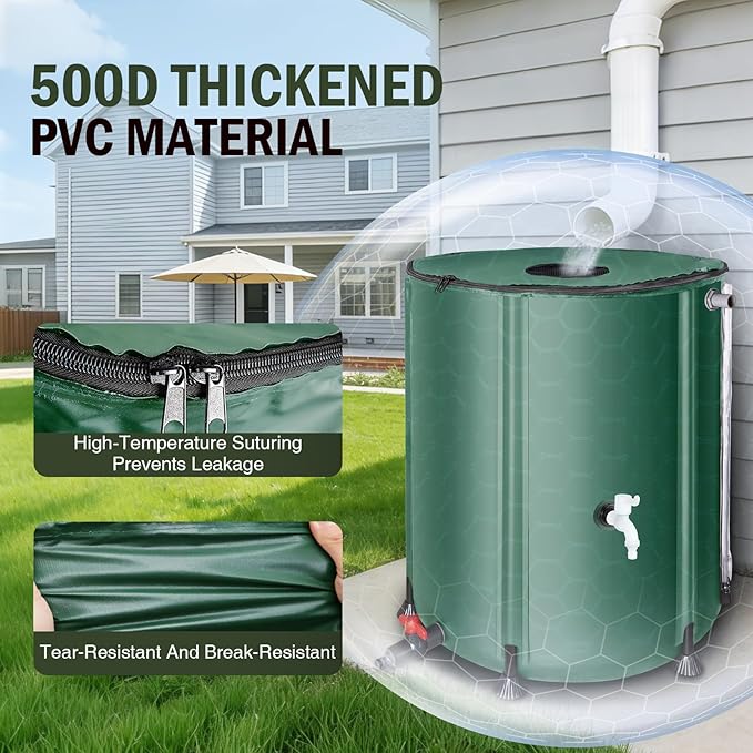 YAFF Collapsible Rain Barrel 53 Gallon Rainwater Collect System Water Storage Tank to Collect Rainwater from Gutter Downspout Water Catcher with Filter Spigot Overflow Kit for Garden, Lawn, Green