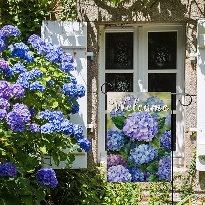 Hzppyz Welcome Spring Floral Flowers Garden Flag Double Sided, Hydrangea Decorative Yard Outdoor Home Small Decor, Summer Farmhouse Burlap Outside House Decoration 12 x 18