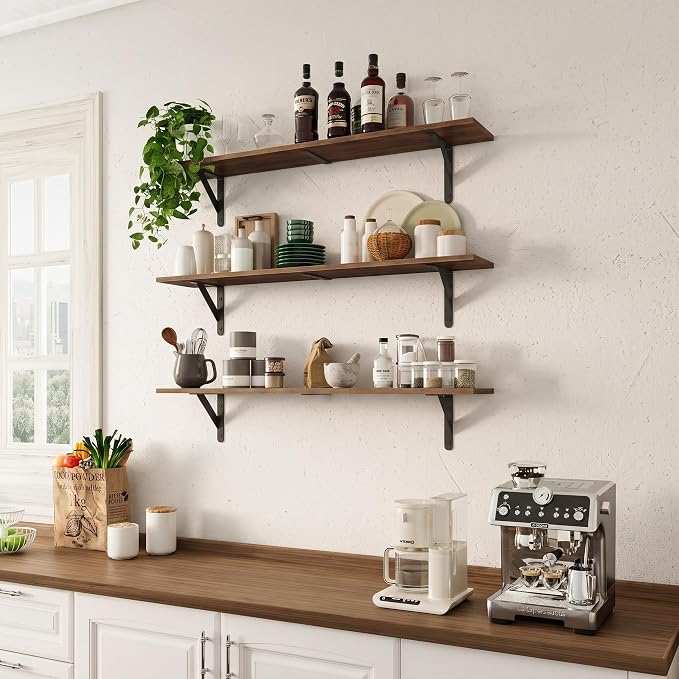 WOPITUES Long Wall Shelves 40″W x 8″D, Floating Book Shelves Max Load 65lbs | Wall Mounted Wood Shelf Storage, Metal Brackets, Bedroom/Living Room/Laundry Room/Kitchen/Pantry Decor, Brown, Set of 3