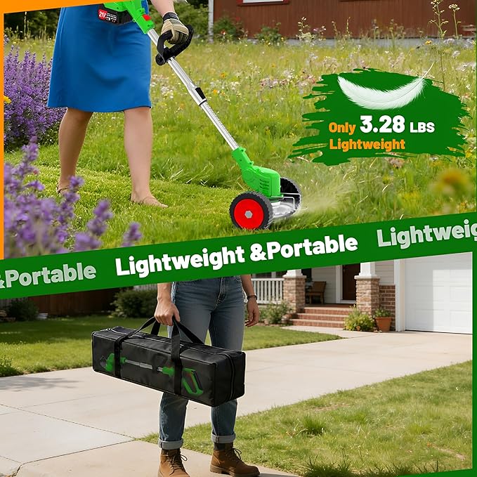 Cordless Weed Wacker Electric Stringless Eater 21V Battery Powered Lightweight Portable Weed Trimmer, 3-in-1 Lawn Edger/Grass Trimmer/Brush Cutter with 4 Types Blades & Wheels for Yard and Garden
