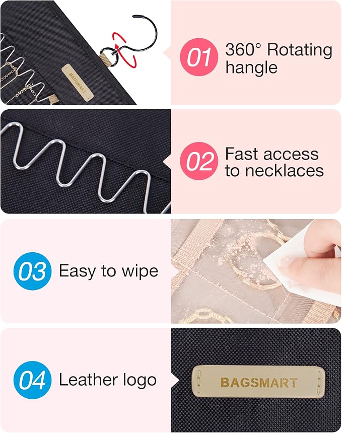 BAGSMART Hanging Jewelry Organizer Necklace/Earring/Ring 2-Sided XL Black | Case Storage Bag for Necklace, Earrings, Rings
