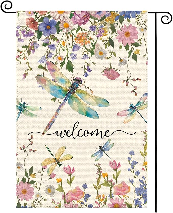 Spring Summer Dragonflies Wildflowers Welcome Garden Flag 12 x 18 Inch Double Sided, Watercolor Floral Burlap Small Yard Flag Holiday Farmhouse Flags for Patio Outdoor Outside Decoration