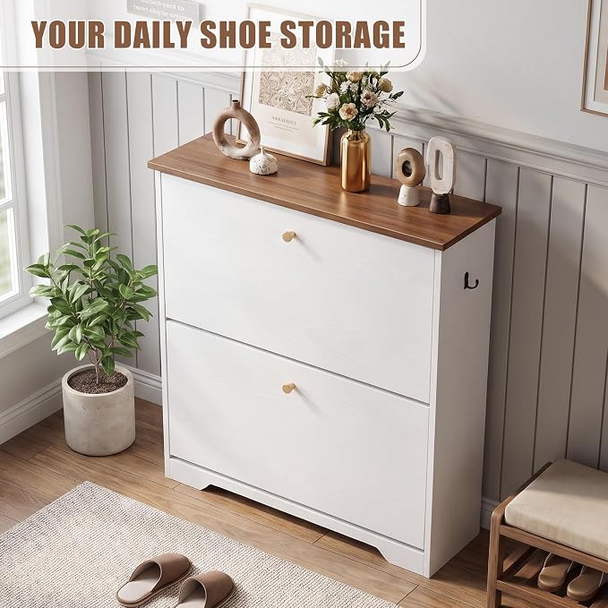 Nicetree Shoe Cabinet, 2 Flip Drawers Slim White Walnut Top Entry Storage