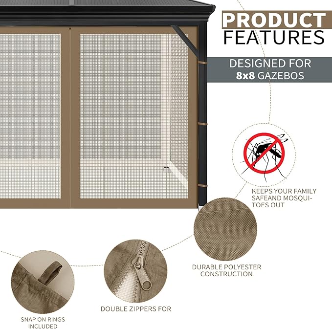 Gazebo Universal Replacement Mosquito Netting, 8' x 8' Outdoor Mesh Netting Screen 4-Panel Sidewall with Zipper for Patio, Canopy, Garden and Backyard, Khaki(Mosquito Net Only)