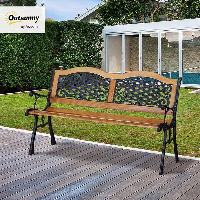 Outsunny 50" Outdoor Garden Bench, Park Bench with Pine Wood Seat, Antique Plastic Flourish Backrest, Patio Loveseat for Porch, Backyard, Deck, Lawn, Outside Pool, Antique Green and Natural Wood
