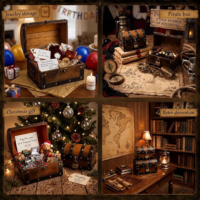 Vicenpal 2 Wooden Tree Keepsake Boxes with Lock, Handmade Decorative Treasure Chest Box, Gift Ideas for Men Women (8 x 6 x 6 & 6.5 x 4.5 x 4.5 Inches,Iron Rivets,Brown)