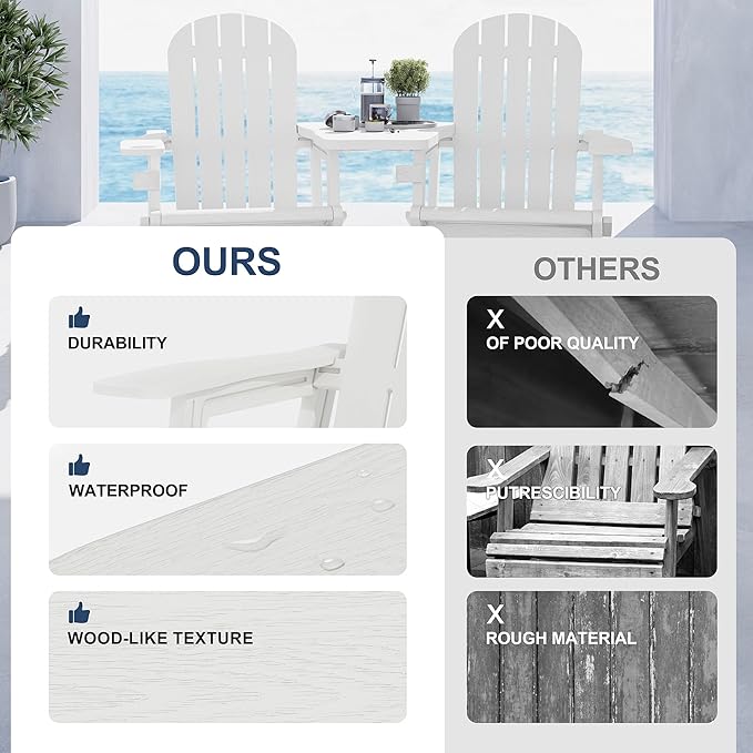 Vongrasig Adirondack Chairs Set of 2 with Removable Tabletop, Outdoor HDPE Plastic Fire Pit Chair Set with Wooden Textured, Cup Holder for Patio, Poolside, Deck, Garden, White, 3 Pieces