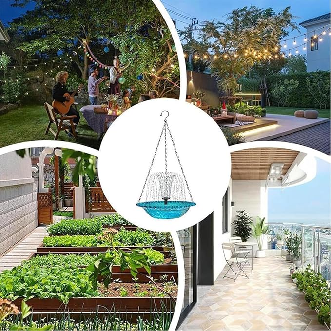 2026 New Solar Cascade Hanging Bird Bath Fountain, Metal Solar Powered Birdbath with Water Pump for Outdoor Garden Decor, Humming Birds Baths Fountains (Blue)