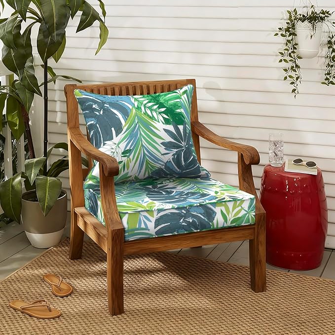 LVTXIII Outdoor Deep Seat Cushion Patio Seat and Back Cushion Set Seasonal Chair Cushion for Dining Arm Chairs, Wicker Chairs and Garden Furniture Decoration, 22"x22"x4", Islamorada Blue Green