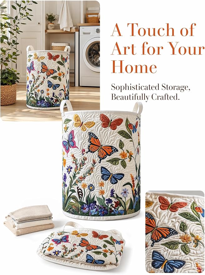 Quilted Laundry Basket with Handles, Boho Floral Quilted Storage Hamper, Large Capacity Laundry Hamper for Nursery Bedroom Laundry Room Home Decor (Pattern 06, Large (28"H x 20"W x 20"L))