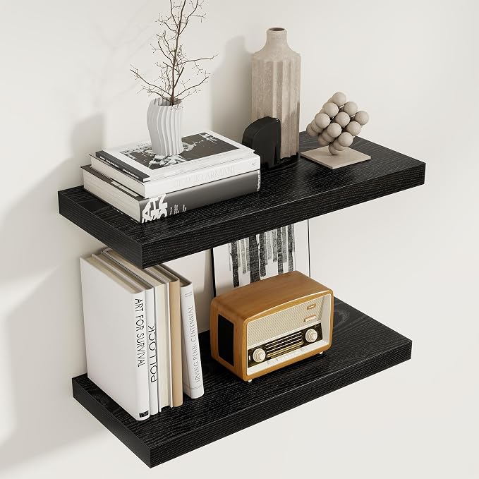 Black Floating Shelves 22.5 Inch Long, 8 Inch Deep Floating Shelf Wall Mounted, Rustic Wood Bathroom Shelves for Storage, 22.5x8 Deep Shelf Set of 2 with Invisible Brackets for Books|Storage|Decor