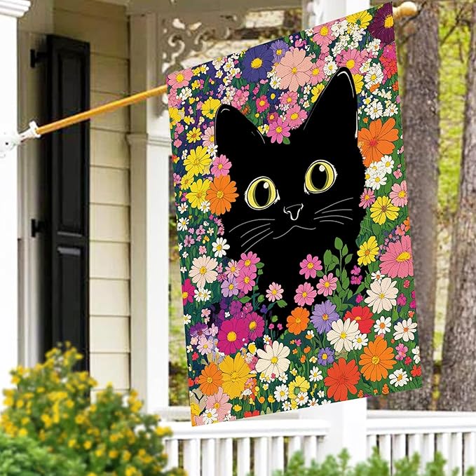 Baccessor Spring Summer Cat House Flag Double Sided 28 x 40 Inch Funny Black Cat Flower Floral Welcome large Flag Burlap Seasonal Yard Outdoor Outside Decoration (Large)