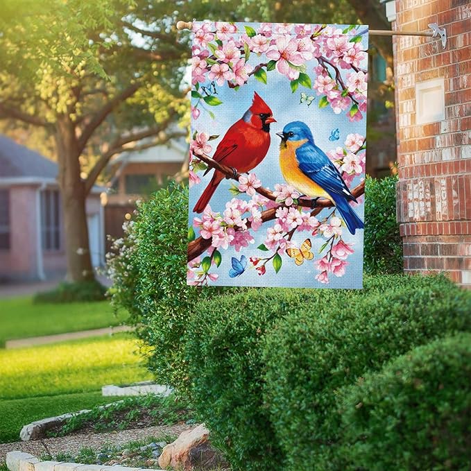 Heyfibro Spring Summer Cardinal Garden Flag 28x40 Double Sided Burlap, Bluebird & Cherry Blossom Flower Yard Banner for Rustic Seasonal Outdoor Decoration (ONLY FLAG)