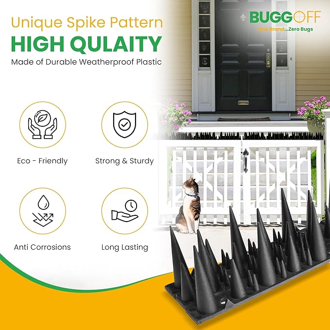 BUGGOFF - White Bird & Rodent Spikes, Unique Spike Pattern effecitviely deteres Pesky Pigeons, Squirrels, Raccoons. Installs on Fences, Gates, Roofs, Walls and More! (62 Feet, White Plastic)