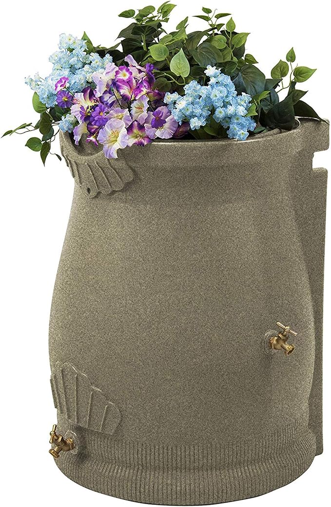 Good Ideas Rain Wizard 50 Gallon Rain Saver Barrel Water Storage Urn with Planter Space and 2 Brass Spigots, Sandstone (3 Pack)