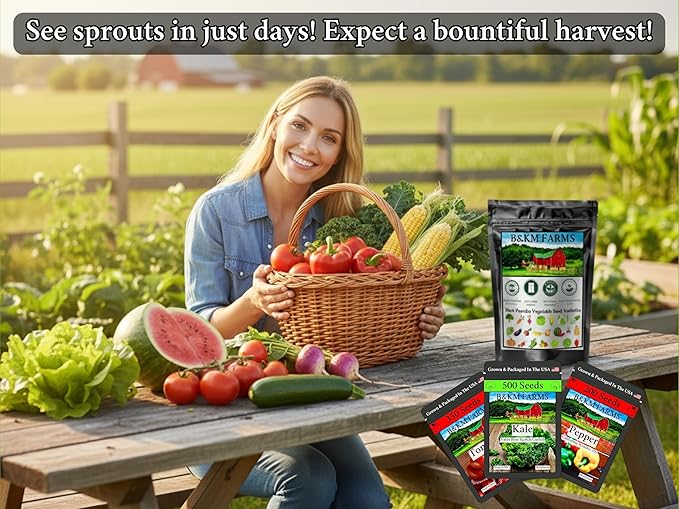 B&KM Farms Heirloom Vegetable Seeds Variety Pack – 20 Varieties, 40 Packets, 20,000+ Non-GMO Seeds – Water-Resistant Reclosable Packaging – Home Garden Starter Kit
