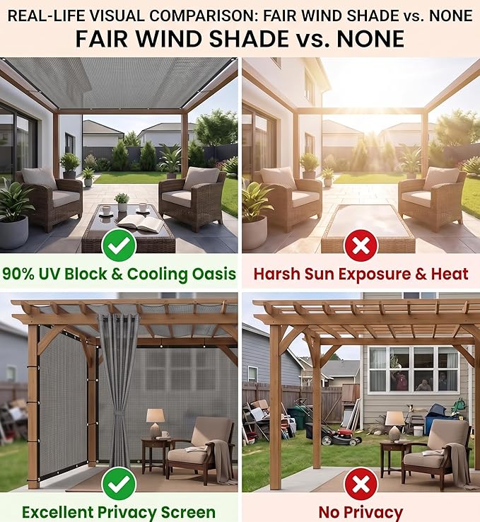 FAIR WIND 90% Sun Shade Cloth with Improved Grommets 6' x 8' Outdoor Sun Screen Fabric Cover for Patio Garden Outdoor Pergola Canopy - Grey
