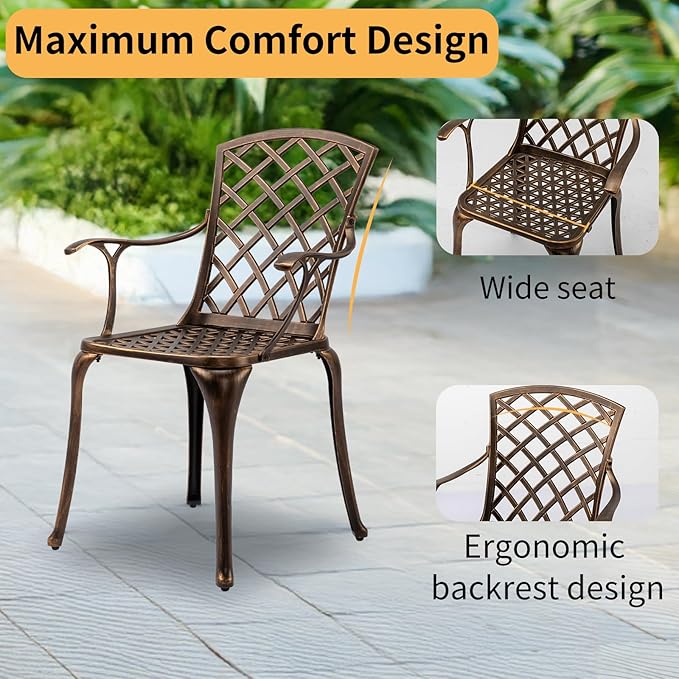 VINGLI Patio Chairs Set of 2, All-Weather Cast Aluminum Outdoor Dining Chairs, Metal Armchairs for Poolside, Backyard, Balcony (Grid Back Without Cushion)
