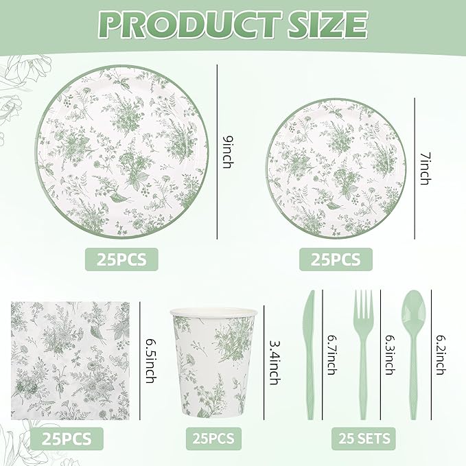 175Pcs Sage Green Floral Paper Plates and Napkins Sage White Flower Arrangements Toile Chinoiserie Party Supplies Set for Spring Summer Bridal Baby Shower Birthday Garden Tea Party